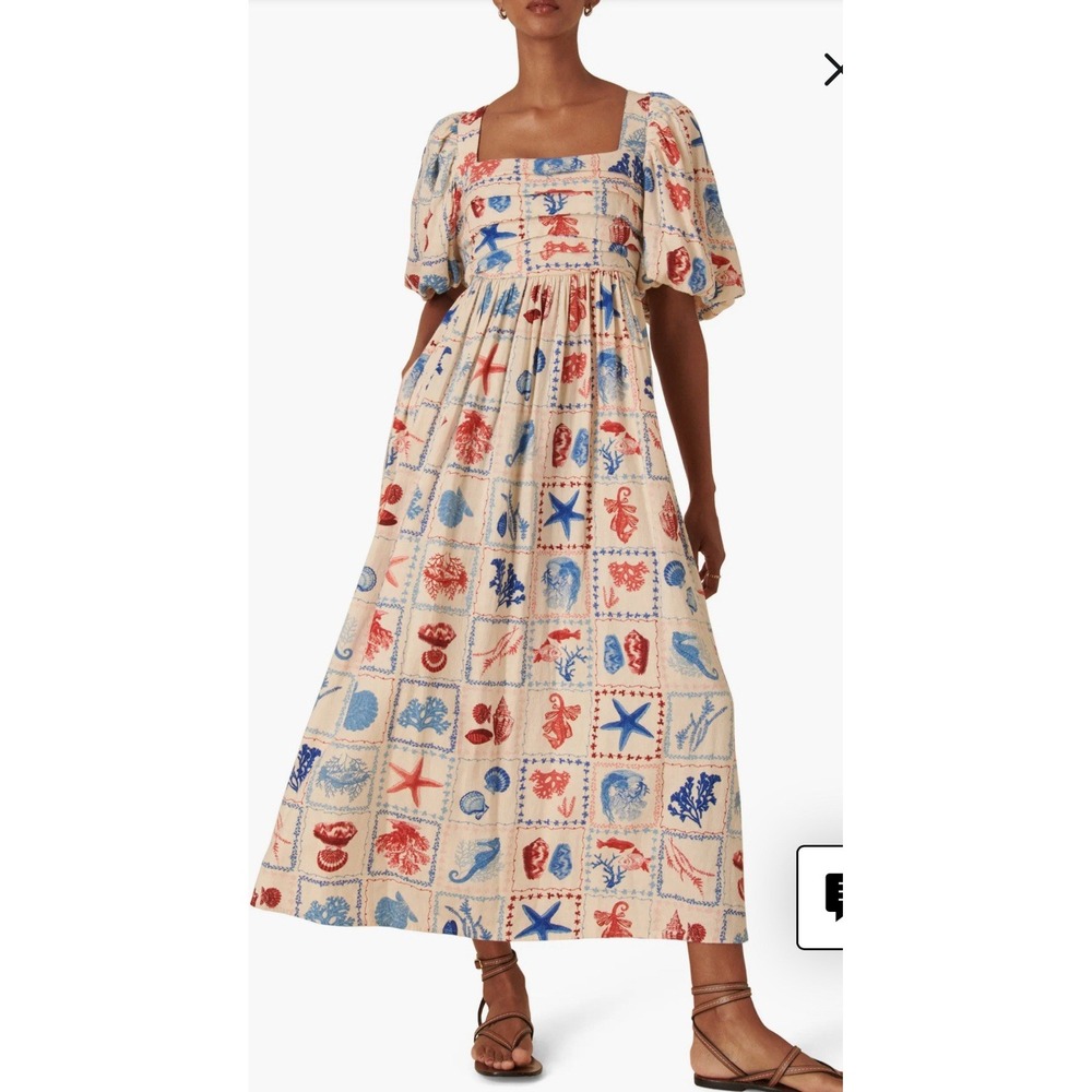 Nobody's Child Nova Print Puff Sleeve Maxi Dress Nautical Linen‎ Beach Shells